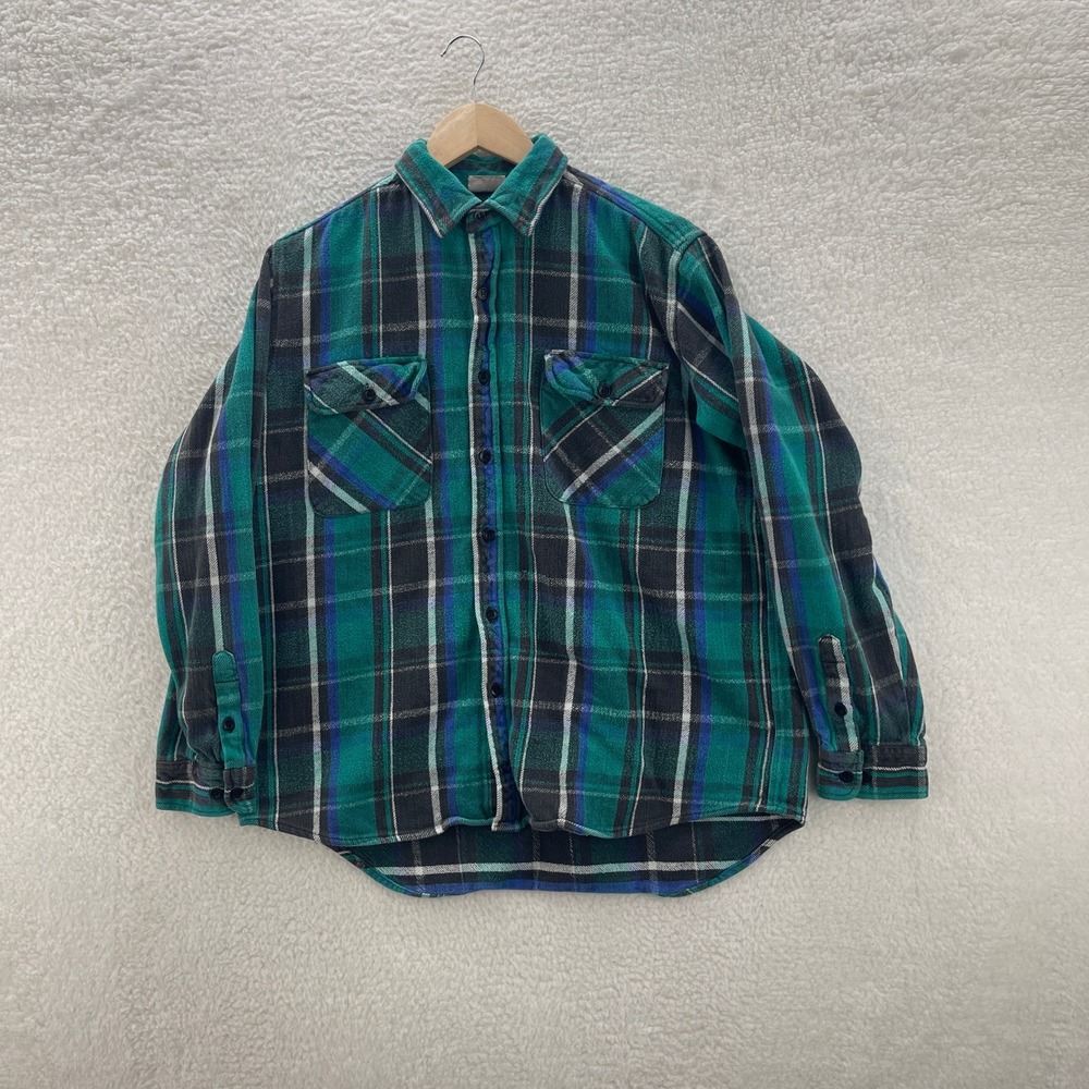 Vintage Five Brother Flannel Shirt Mens L Green Blue Heavyweight Plaid 90s Gorp